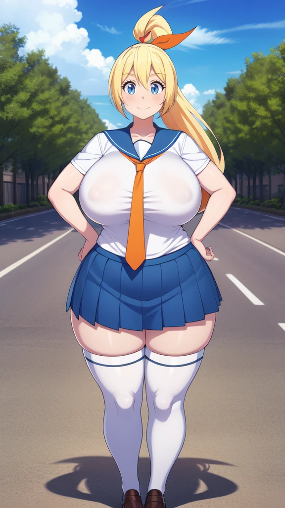 ((masterpiece)), (best quality: 1.7), (detailed: 1.4), (high resolution: 1.4), 8k, (colorful: 1.5), high resolution, sharp image, 4k, hd, (beautiful detailed background: 1.2 ), (beautiful lighting: 1.2), (highly detailed: 1.2), perfect lighting, (8k wallpaper: 1.2), (highly detailed: 1.2), (extremely detailed CG :1.2), 2d, ((1girl)), alone , chitoge, blonde hair, ((long hair)), ponytail, (high ponytail), blue eyes, (blush), happy happy, white shirt, ((orange tie)), blue skirt, pleated skirt, black thigh highs, sailor collar, ((red ribbon)), hair band, school, (sakura trees), (leaves), (trees), sky, (blue sky), clouds, ((street)), ((standing)), ( ( hands on hips)), ((huge breasts)), (very curvy body), (((day))) , (((bright eyes))), ((huge, wide, fat hips))
