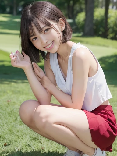 Japanese female, a lot of details, (underweight), 30 years old, detailed black hair, beautiful detailed hair, super fucking beautiful, delicate beautiful face, complex details beautiful and delicate eyes, perfect hands, (flat chest best quality:1.5), perfect and delicate limbs, detailed skin, best quality, ultra-detailed,(cheerful grin:1.5),NSFW,
golf course, walking, (looking to the side), short hair, (blue golf wear), (red skirt), (white panties:1.0),(showing off pantie:1.3), (squatting), (legs spread), with a Golf club, outside, full body shot, front view, (low angle shot:1.1)