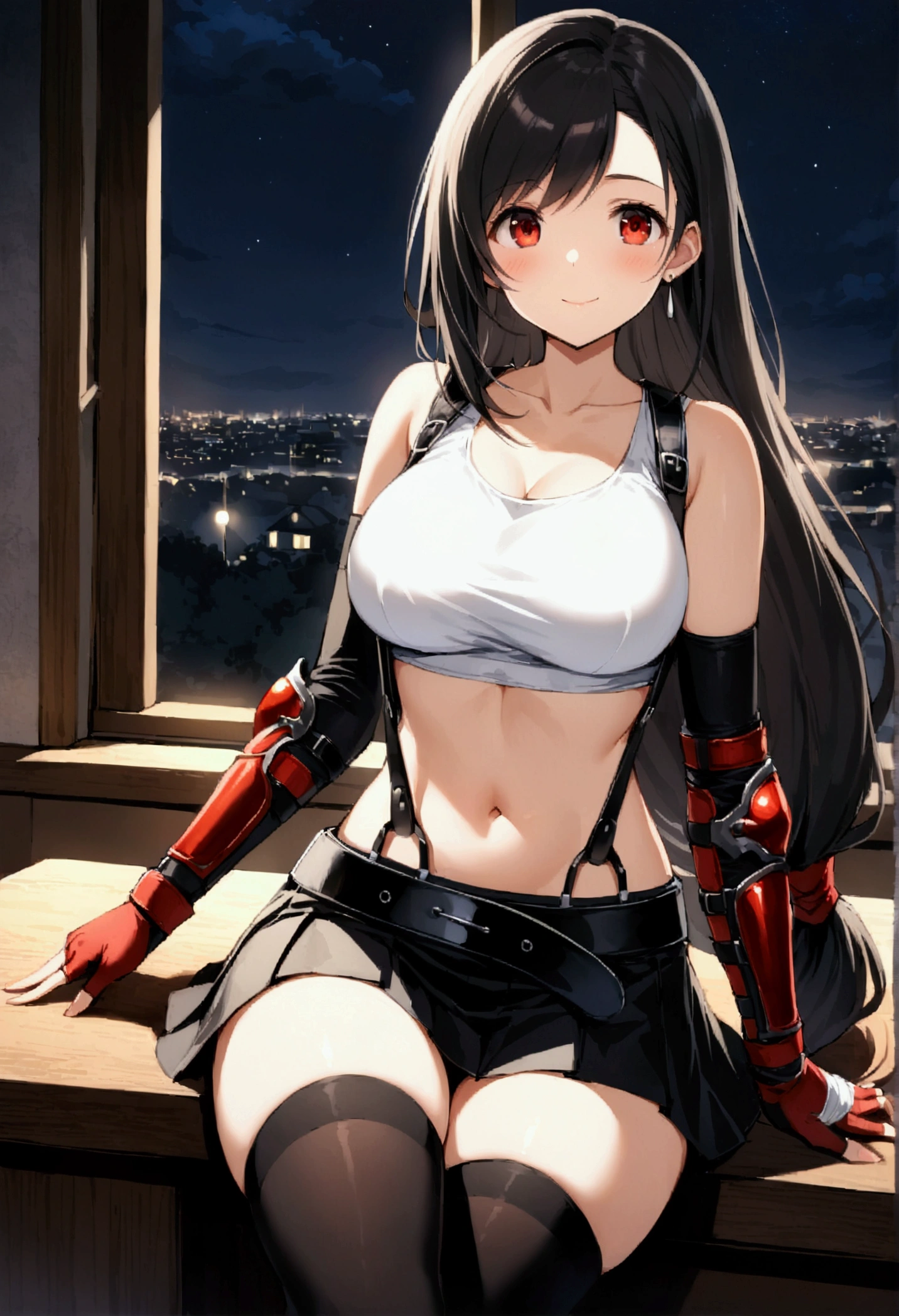 score_9, score_8_up, score_7_up, ,(from front.front_view ,(soro focus),sitting,legs crossed,(mediumshot:1),looking_at_viewer ,1girl, tifa lockhart, final fantasy,tareme,black hair, low-tied long hair, red eyes, bangs, white tank top, belt, pleated skirt, thighhighs, elbow fingerless gloves, elbow pads, midriff, navel,suspender skirt . ,(large_breasts),,(light smile),,,Solo,,nighttime,indoor,(masterpeace),(best quality),(aesthetic,very aesthetic),HDR,professional lighting,cinematic lighting,