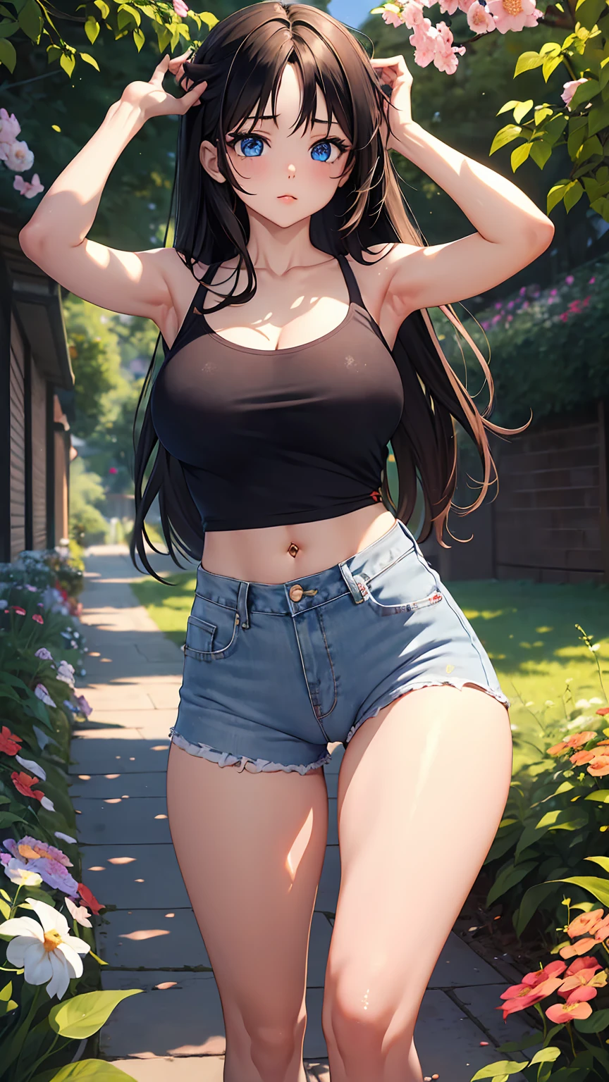 1girl, anime girl, anime, brunette, 2d girl, 16y, (fullbody), standing, anime girl, blue eyes, (long hair, black hair), casual shirt, Solo, Slim, Large Breasts, sfw, Tight Shorts, low waist shorts, upshorts, the garden background, flowers, afternoon sky, looking at viewer, darker shadows, (((explicit))), (((shorts))), (((absurdres))), (((thigh gap))), cameltoe, (((cameltoe))), (((cleft of venus))), (((sleeveless))),