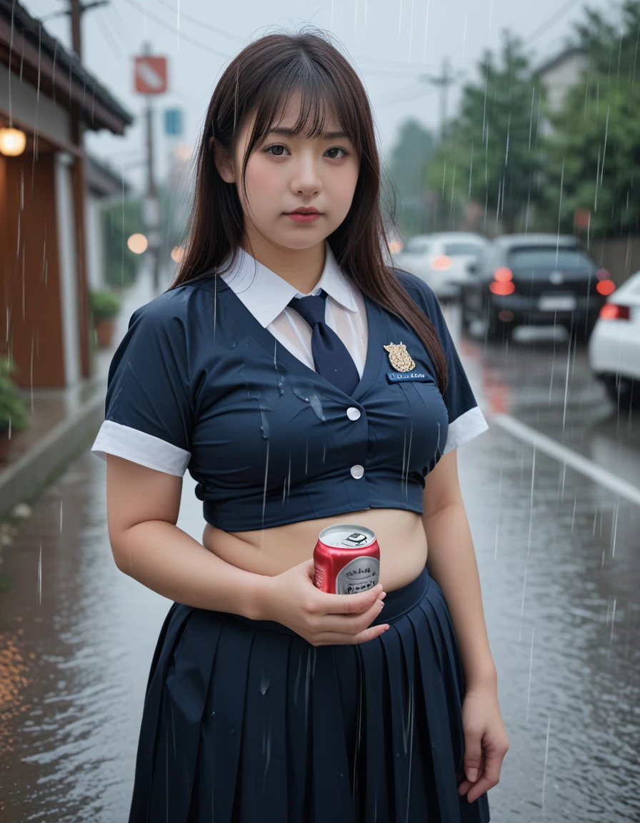 score_9, score_8_up, score_7_up,high quality,1 japanese girl, in the rain, skirt , (The uniform is transparent and the underwear can be seen..:1.2) , Photorealistic realistic backgrounds , , A plump body