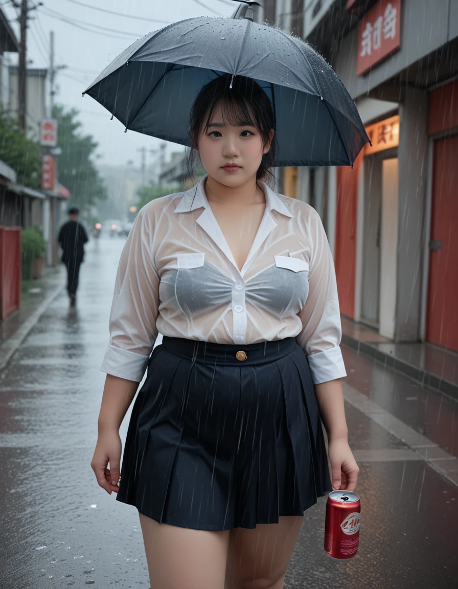 score_9, score_8_up, score_7_up,high quality,1 japanese girl,  in the rain, skirt , （The uniform is transparent and the underwear can be seen..：1.2） , Photorealistic realistic backgrounds , breasts , A plump body