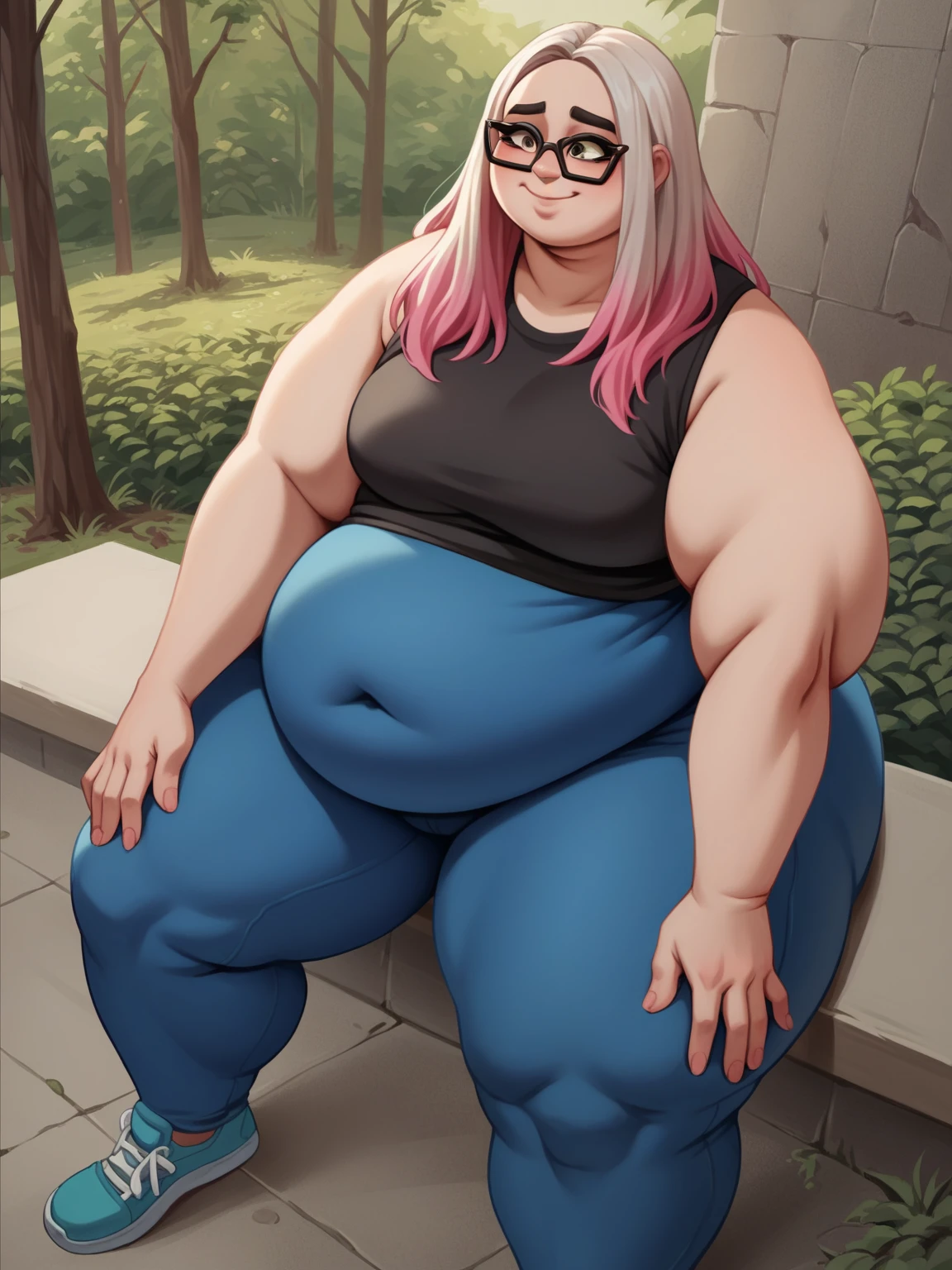 Sunkissed skin all over, Thicc, extremely morbidly obese, pink and white hair, ((wearing)), black 50s glasses, white tanktop, blue buttonless leggings, voluptuous, feminine boy, femboy, perfect hands, perfect face, smile, (anatomically correct), (Perfect/ realistic proportions:1.2), (overwhelmingly fat arms, obese face), hands grabbing belly, ((extremely widest hips possible!)), ((extremely massive thick thighs, morbidly large belly), belly overhang!)), (1080P, 4k UHD, Masterpiece:2.1!) ((single)), background: tilted towers_fortnite