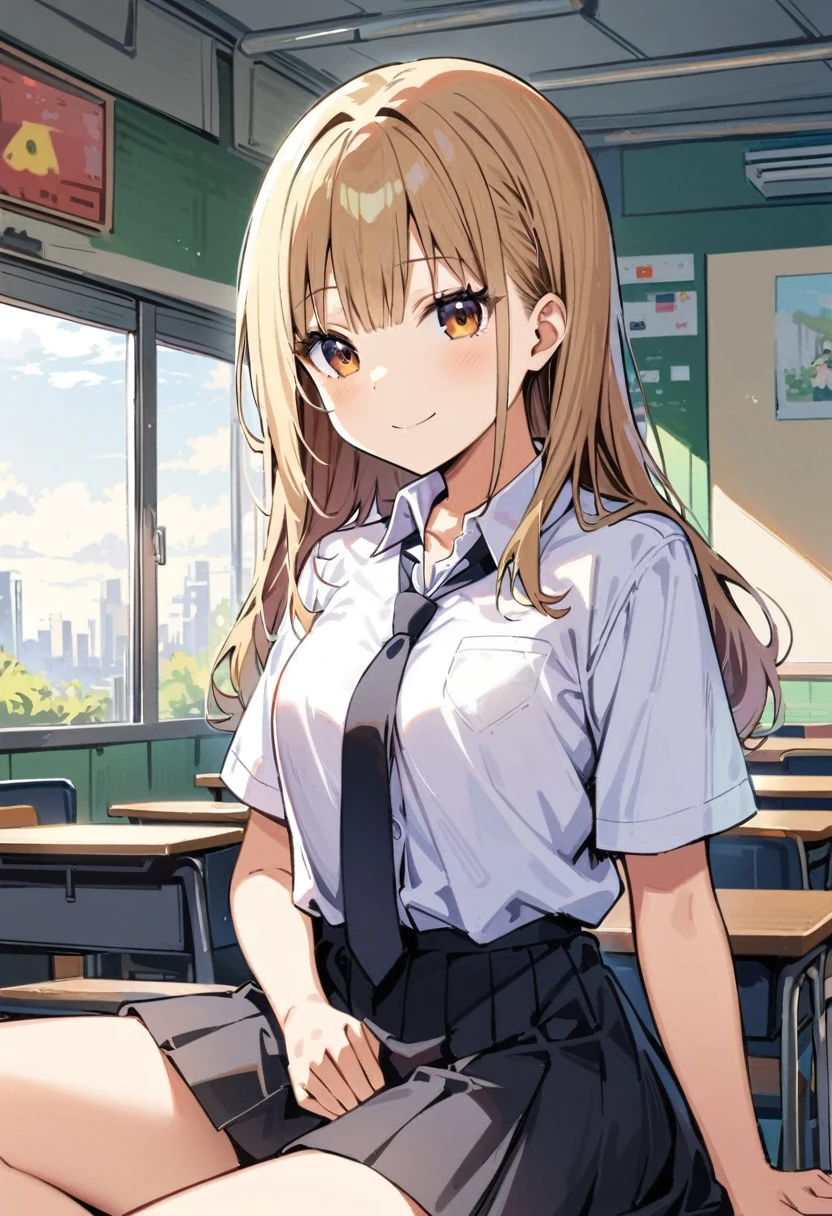 Petrochemical,  picture,One girl,Golden Bob Hair,Brown eyes,Highest quality,高解picture度,A kind smile,JK,Small breasts,high school girl,uniform,Dress shirt,tie,skirt,Black socks,Indoor shoes,classroom,