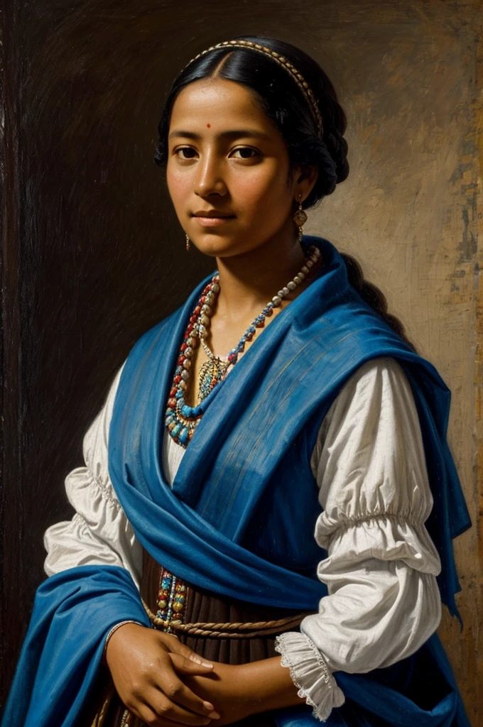 Mestizo Ecuadorian woman in colonial times with a sky blue shawl that emphasizes that she is Ecuadorian in an oil painting from 1700. It should be painted in a painting in a work of art