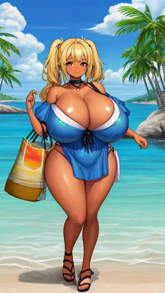 Glossy oil painting; Melanin woman, Chibi style; with a plumper figure, walking along the shoreline. She has pigtail hairs dyed blonde, and is wearing a stylish blue off-shoulder beach dress. She is barefoot, carrying a pair of sandals in one hand, and has a beach bag slung over her shoulder. The background shows a sunny beach scene with clear,fat_booty_, turquoise water, and gentle waves lapping at her feet. The overall mood is relaxed and carefreez huge_breast_ huge_thighs,gigantic_breasts_