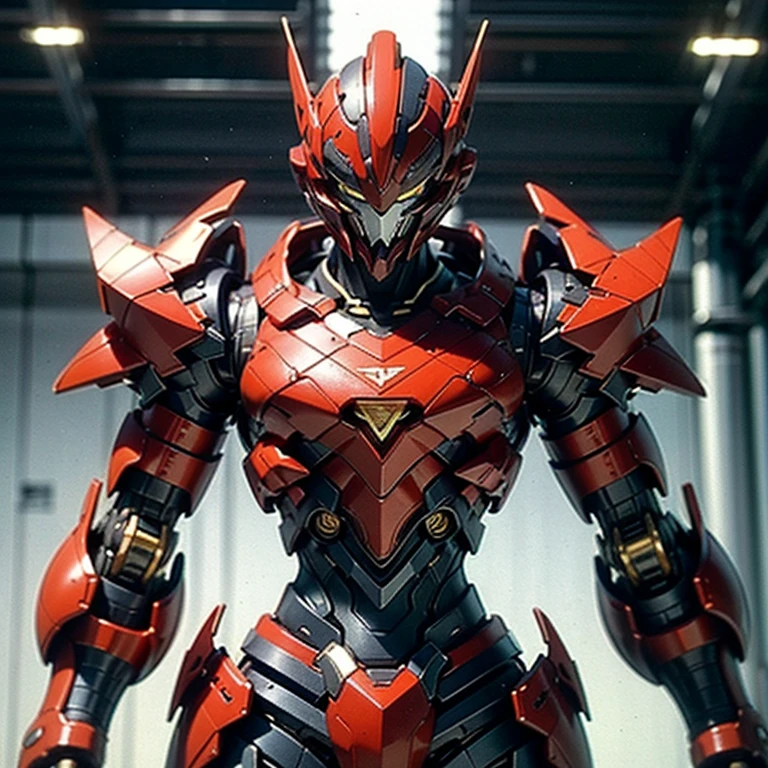A man wearing a full face helmet., a fantasy-style biotech armored combat suit, green eyes, (a composite layered chest armor), fully closed shoulder pads, matching arm and leg protectors, the belt is adorned with fangs that bite into the gem., (The color scheme is mainly black with red details), design balances heavy with agility, a high-tech biomechanical armor, (Lion inspired armor concept, stand on top of a skyscraper in a futuristic sci-fi city), This character embodies a surreal fantasy style armored hero finely crafted in anime style, exquisite and mature manga art style, (element, plasma, energy, the armor shines), ((male:1.5)), metallic, real texture material, dramatic, High Definition, Best Quality, high resolution, ultra detailed, ultrafine paint, extremely delicate, professional, perfect body proportions, golden ratio, anatomically correct, symmetrical face, extremely detailed eyes and face, high quality eyes, Creativity, photo and gross, UHD, 32k, natural light, cinematic lighting, Masterpiece-anatomy-perfect, Masterpiece:1.5