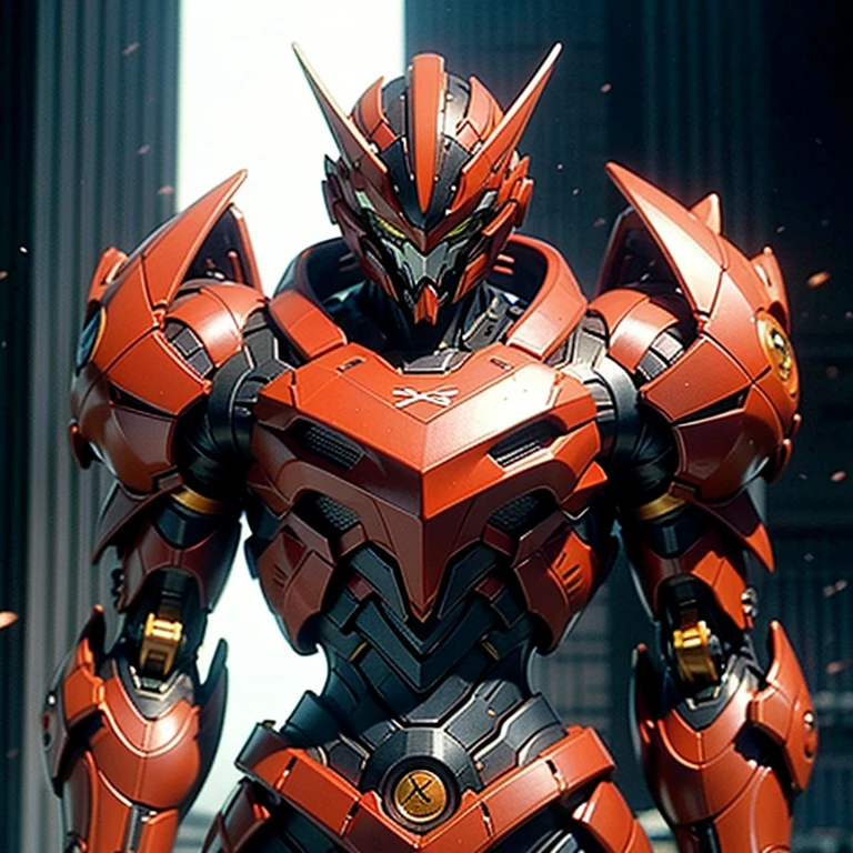 A man wearing a full face helmet., a fantasy-style biotech armored combat suit, green eyes, (a composite layered chest armor), fully closed shoulder pads, matching arm and leg protectors, the belt is adorned with fangs that bite into the gem., (The color scheme is mainly black with red details), design balances heavy with agility, a high-tech biomechanical armor, (Lion inspired armor concept, stand on top of a skyscraper in a futuristic sci-fi city), This character embodies a surreal fantasy style armored hero finely crafted in anime style, exquisite and mature manga art style, (element, plasma, energy, the armor shines), ((male:1.5)), metallic, real texture material, dramatic, High Definition, Best Quality, high resolution, ultra detailed, ultrafine paint, extremely delicate, professional, perfect body proportions, golden ratio, anatomically correct, symmetrical face, extremely detailed eyes and face, high quality eyes, Creativity, photo and gross, UHD, 32k, natural light, cinematic lighting, Masterpiece-anatomy-perfect, Masterpiece:1.5