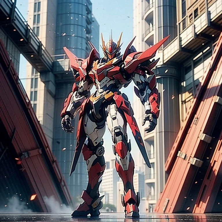A man wearing a full face helmet., a fantasy-style biotech armored combat suit, green eyes, (a composite layered chest armor), fully closed shoulder pads, matching arm and leg protectors, the belt is adorned with fangs that bite into the gem., (The color scheme is mainly black with red details), design balances heavy with agility, a high-tech biomechanical armor, (Lion inspired armor concept, stand on top of a skyscraper in a futuristic sci-fi city), This character embodies a surreal fantasy style armored hero finely crafted in anime style, exquisite and mature manga art style, (element, plasma, energy, the armor shines), ((male:1.5)), metallic, real texture material, dramatic, High Definition, Best Quality, high resolution, ultra detailed, ultrafine paint, extremely delicate, professional, perfect body proportions, golden ratio, anatomically correct, symmetrical face, extremely detailed eyes and face, high quality eyes, Creativity, photo and gross, UHD, 32k, natural light, cinematic lighting, Masterpiece-anatomy-perfect, Masterpiece:1.5