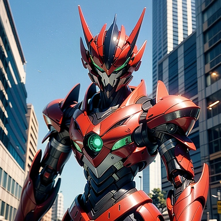 A man wearing a full face helmet., a fantasy-style biotech armored combat suit, green eyes, (a composite layered chest armor), fully closed shoulder pads, matching arm and leg protectors, the belt is adorned with fangs that bite into the gem., (The color scheme is mainly black with red details), design balances heavy with agility, a high-tech biomechanical armor, (Lion inspired armor concept, stand on top of a skyscraper in a futuristic sci-fi city), This character embodies a surreal fantasy style armored hero finely crafted in anime style, exquisite and mature manga art style, (element, plasma, energy, the armor shines), ((male:1.5)), metallic, real texture material, dramatic, High Definition, Best Quality, high resolution, ultra detailed, ultrafine paint, extremely delicate, professional, perfect body proportions, golden ratio, anatomically correct, symmetrical face, extremely detailed eyes and face, high quality eyes, Creativity, photo and gross, UHD, 32k, natural light, cinematic lighting, Masterpiece-anatomy-perfect, Masterpiece:1.5
