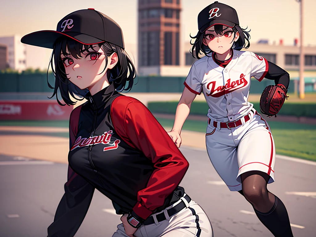 ( Absurd , high quality , Super detailed, Watch your hands )Black short hair,Red eyes,Small breasts,Small breasts,Baseball uniform,Black baseball cap,Long sleeve,White trousers,One Girl,Baseball Ground,Serious face,Run at full speed