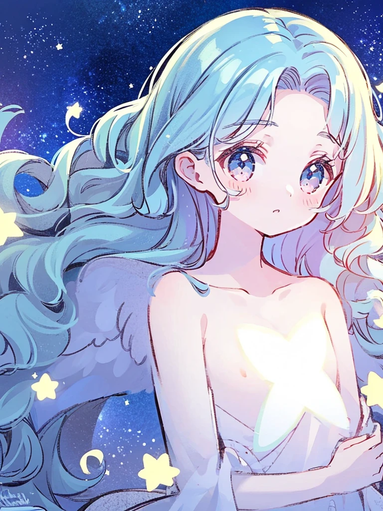 nude angel girl wearing an ethereal translucent dress, pale skin, ((blue mint wavy hair)), white feathers, angel wings, sparkling detailed eyes, golden ratio face, perfect composition, highly detailed, ethereal, (starry night sky background), midjourney style