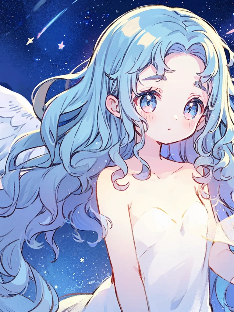 nude angel girl wearing an ethereal translucent dress, pale skin, ((blue mint wavy hair)), white feathers, angel wings, sparkling detailed eyes, golden ratio face, perfect composition, highly detailed, ethereal, (starry night sky background), midjourney style