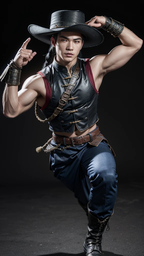 Draw Kung Lao, do Mortal Kombat, in a dynamic ninja pose. He must be in fighting position, with one leg bent and the other extended behind, ready to attack. Your left hand should be raised in front of your body, with fingers slightly bent as if about to strike. The right hand must firmly hold your iconic hat, prepared to launch it as a lethal weapon.Kung Lao must be wearing his traditional attire, elaborately elaborated. Include your blue band with gold edges, the vest with the dragon emblem on the chest, and black pants with armor protection on the knees. Add the white bands on his arms and the reinforced black boots. Show the detail of the seams and material of the suit, providing impressive realism.