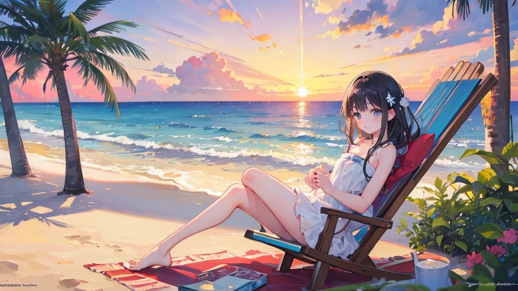 ((Highest quality)), ((masterpiece)), (detailed),beach sunset relax
