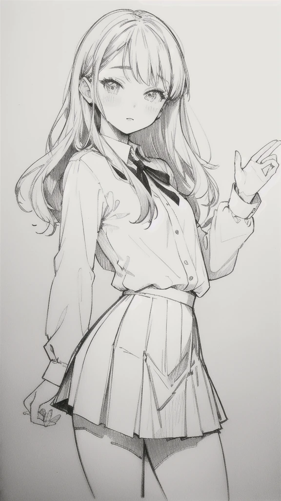 One Girl,Line art,Monochrome,sketch,Pencil drawing,Traditional Media,One Girl, 黒いskirtフェンス, Long Hair Shirt, Long sleeve, skirt, alone、Are standing、Cute Teenage Girl, ,Beautiful portrait、Delicate body、Esbian all over,Dynamic pose,