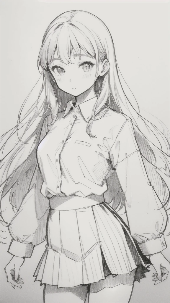 One Girl,Line art,Monochrome,sketch,Pencil drawing,Traditional Media,One Girl, 黒いskirtフェンス, Long Hair Shirt, Long sleeve, skirt, alone、Are standing、Cute Teenage Girl, ,Beautiful portrait、Delicate body、Esbian all over,Dynamic pose,