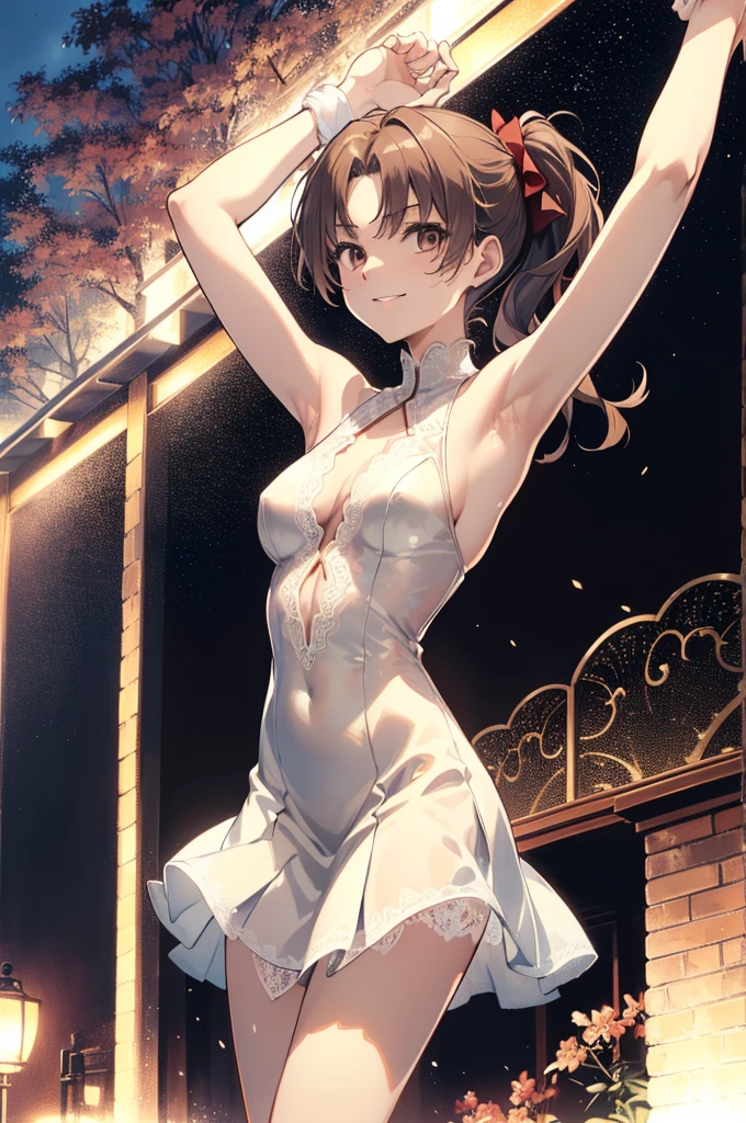 独奏、NSFW、(Arms raised to show armpits、Armpit Hair)(tall、Toned body、slim body、Brown Skin、Sunburn、Big Breasts)、（Slanted Eyes、Sharp Eyes、Dark Eyeasterpiece))、((Highest quality))、((detailed)、((Adult female))、(((Light brown skin)))、((Long black hair ponytail))、photograph、美しくdetailedな顔、detailedな目、Bright smile、Outdoor、(Sleeveless white dress、Sexy one piece、Semi-transparent lace dress)