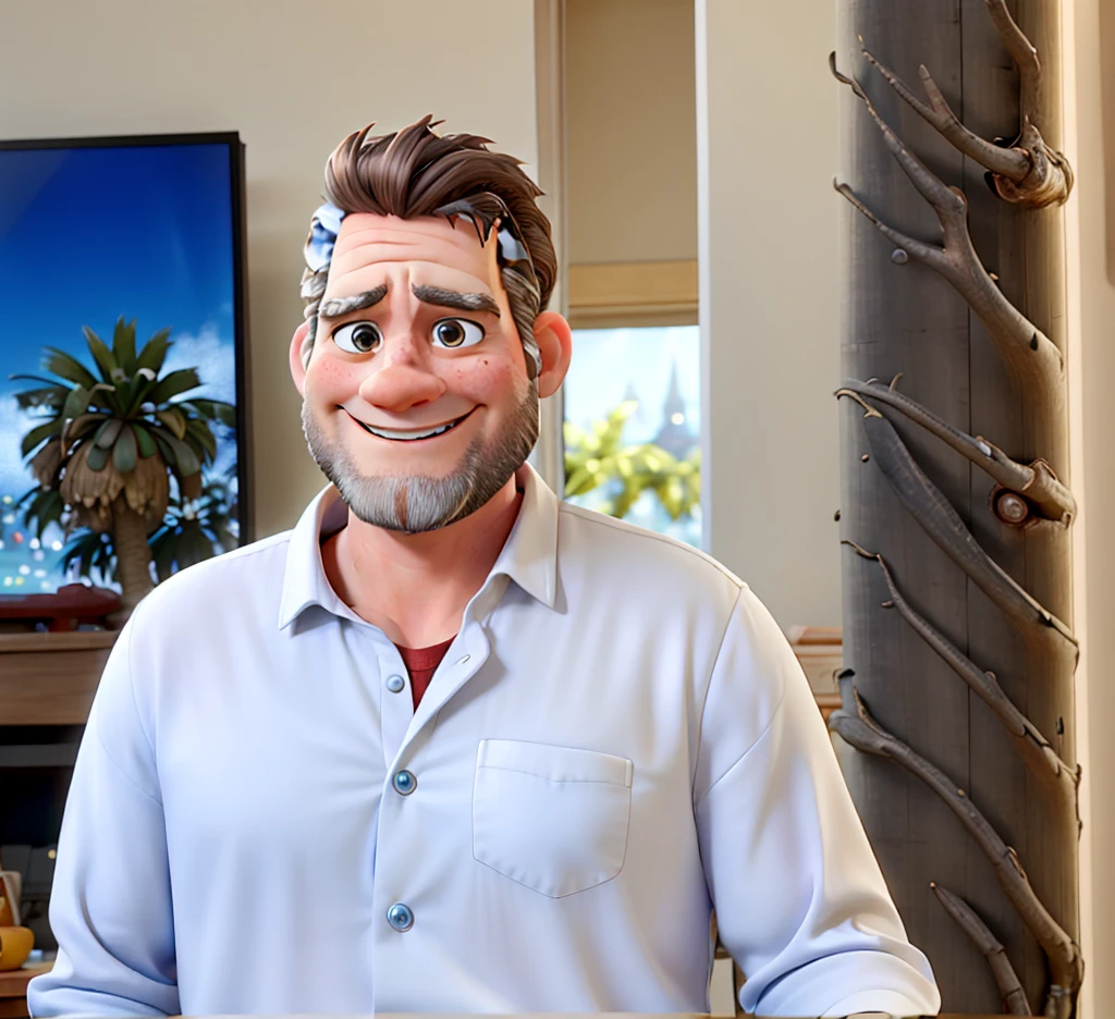 Create a Disney Pixar-style character, white male, with white smile, with hair with big bangs, grizzled, age between 40 to 50 years