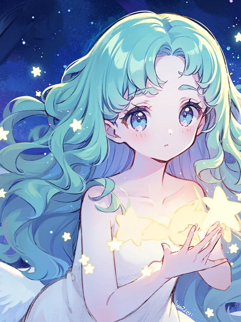 nude angel girl wearing an ethereal translucent dress, pale skin, ((blue mint wavy hair)), white feathers, angel wings, sparkling detailed eyes, golden ratio face, perfect composition, highly detailed, ethereal, (starry night sky background), midjourney style