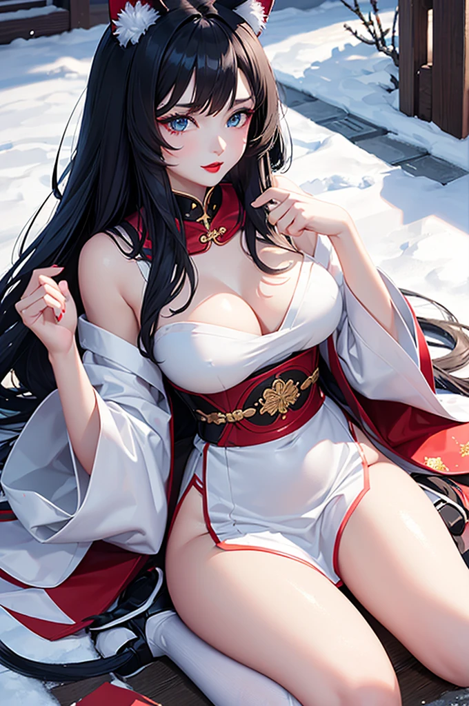 Detailed facial details，16 years old，1 girl，Red lips，Cat ear，Black long hair，Wearing snow-white lace pajamas，Large Breasts，Slim，Handcuffs，Collar，Radiant Skin，Sitting on the bed，bedroom
