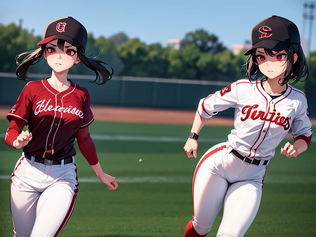 ( Absurd , high quality , Super detailed, Watch your hands )Black short hair,Red eyes,Small breasts,Small breasts,Baseball uniform,Black baseball cap,Long sleeve,White trousers,One Girl,Baseball Ground,Serious face,Run at full speed