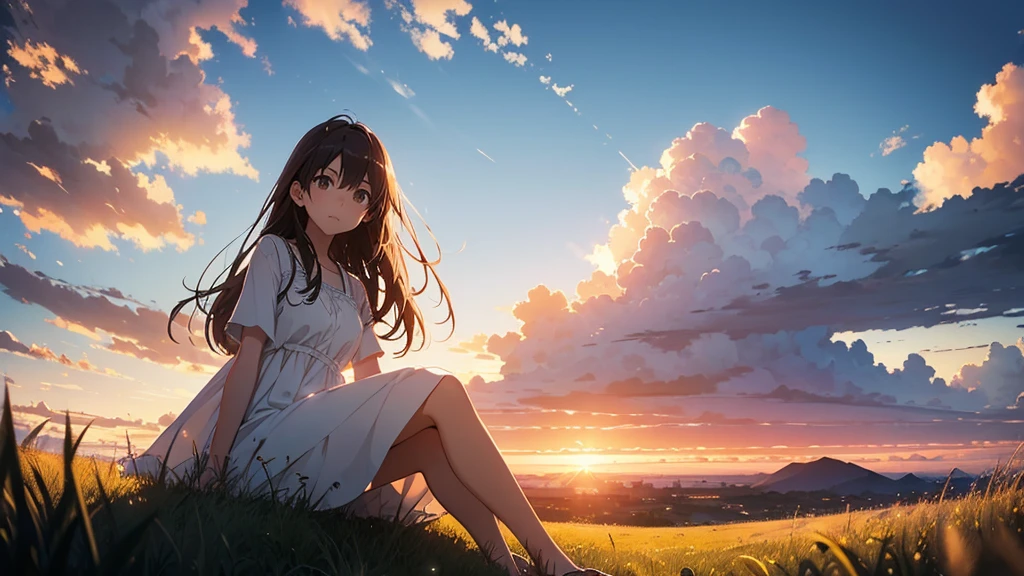 Vast landscape photography、grassland、(View from below、Shows the sky above and below)、High resolution、Highest quality、Very detailed、makoto shinkai、sunset、Girl in white dress looking sideways、College student with long brown hair、Lens blur