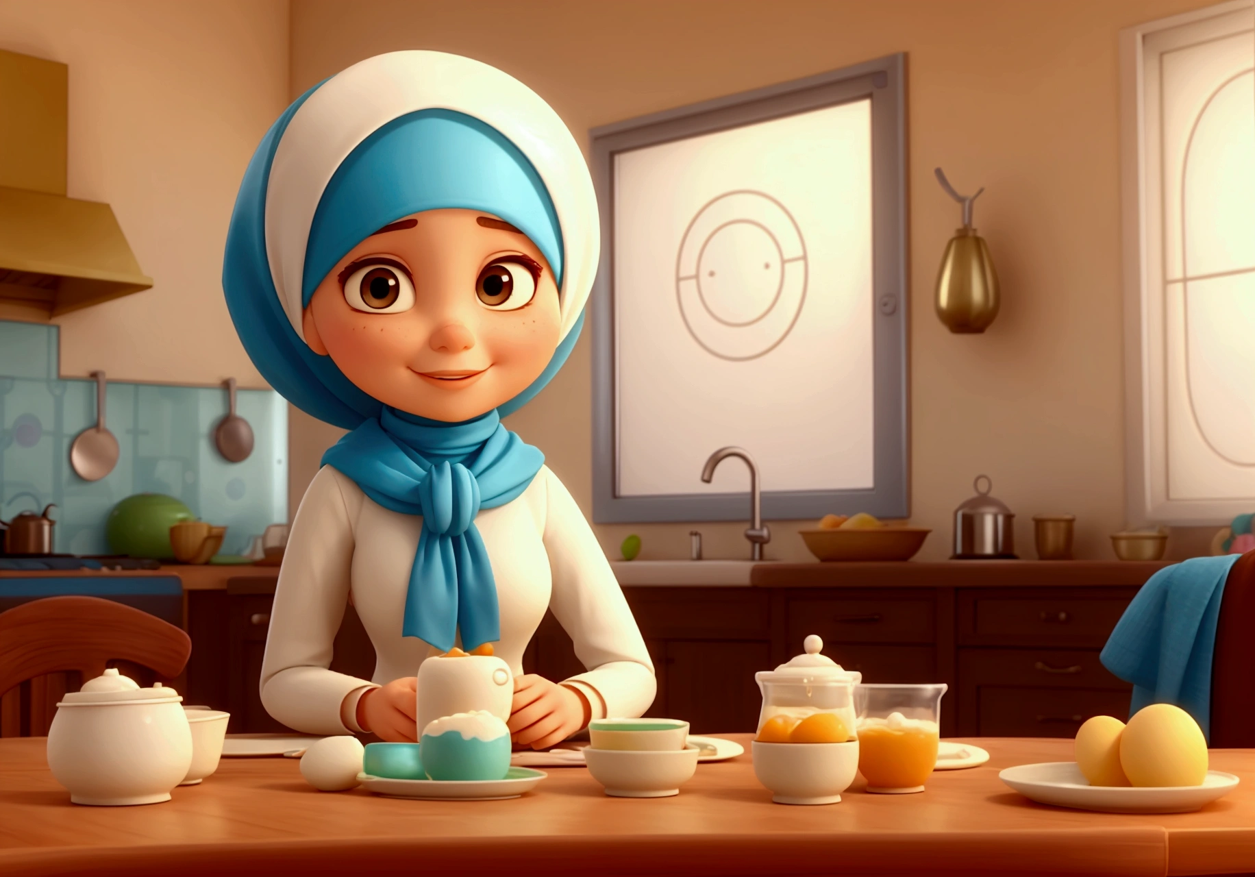 All the decor is modern and beautiful. A beautiful girl with a modern Islamic hijab tied to her neck. A character alone in the kitchen with no one else with her. A cartoon in the Disney Pixar style. She eats a cup of milk tea and two fried eggs in the morning. 