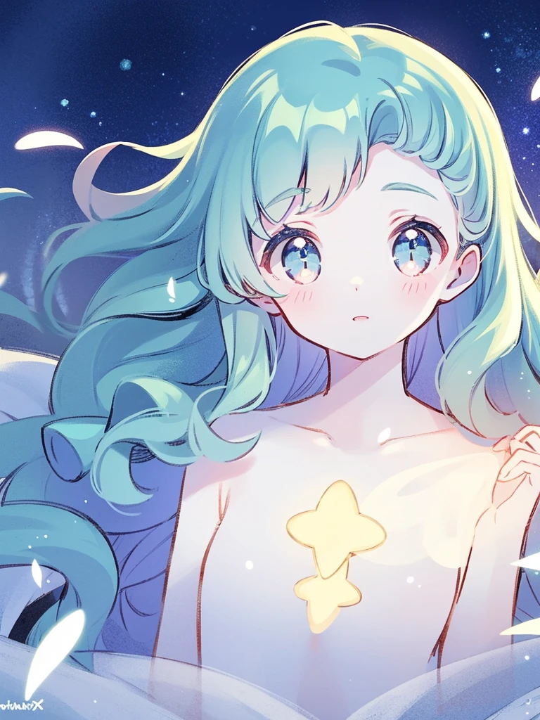 nude angel girl wearing an ethereal translucent dress, pale skin, ((blue mint wavy hair)), white feathers, angel wings, sparkling detailed eyes, golden ratio face, perfect composition, highly detailed, ethereal, (starry night sky background), midjourney style