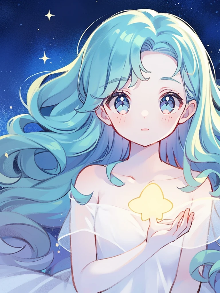 nude angel girl wearing an ethereal translucent dress, pale skin, ((blue mint wavy hair)), white feathers, angel wings, sparkling detailed eyes, golden ratio face, perfect composition, highly detailed, ethereal, (starry night sky background), midjourney style