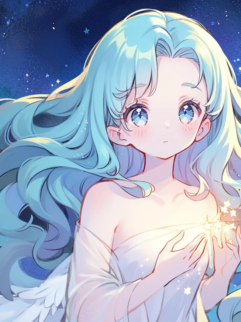 nude angel girl wearing an ethereal translucent dress, pale skin, ((blue mint wavy hair)), white feathers, angel wings, sparkling detailed eyes, golden ratio face, perfect composition, highly detailed, ethereal, (starry night sky background), midjourney style