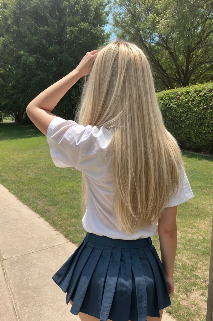 A 18-year-old blonde woman, ((hiperrealismo))textured skin, goosebumps, perfect eyes. Blonde hair with light brown roots. cabello rubio, Hair with brown roots, really long hair. photo taken with iPhone, Porta 160 color. Provocative pose. School girl blue shirt, school girl skirt, school girl uniform, at the garden. Photo taken with iPhone. Cosplay. Back view, shot from down (underwear visible)