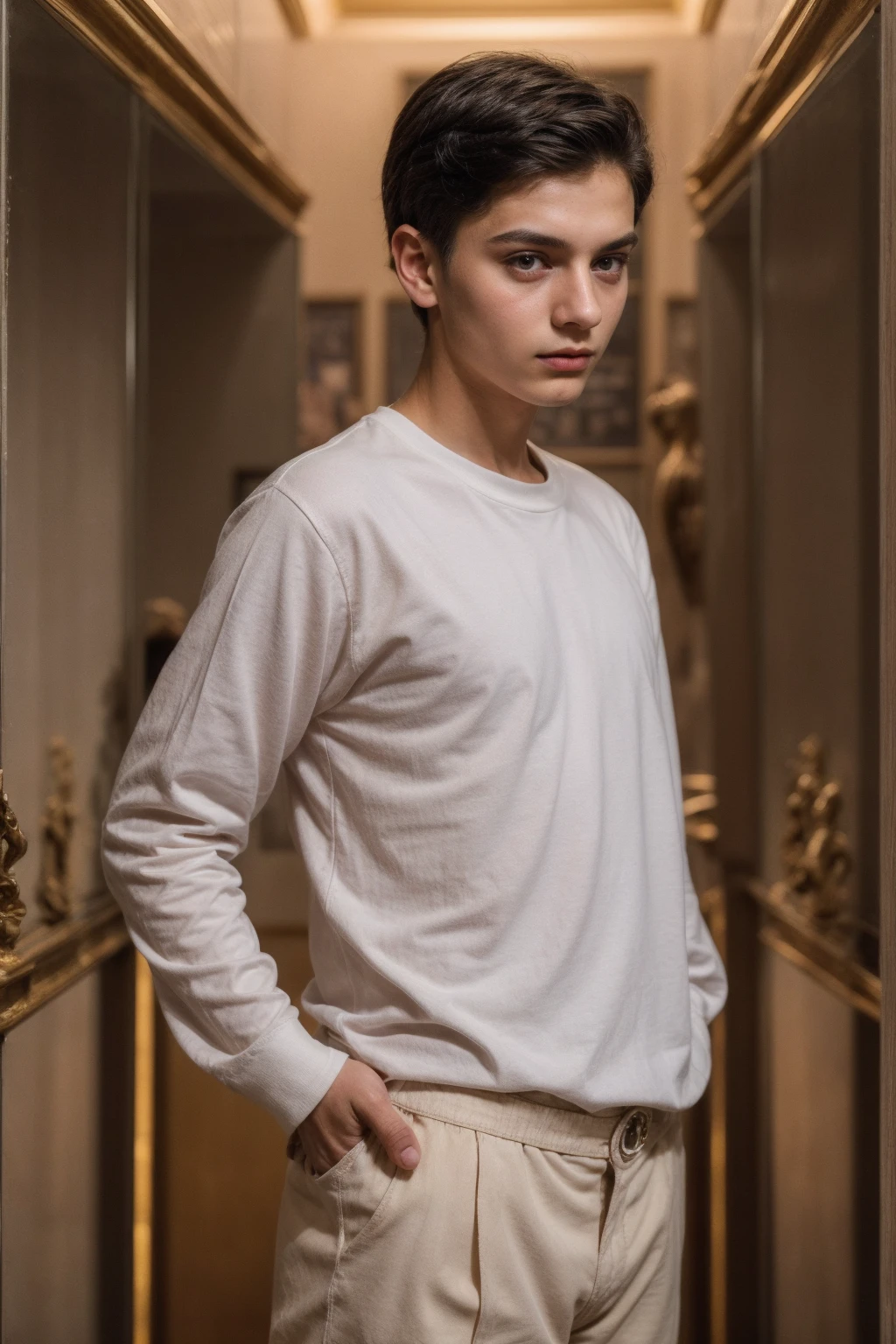 A cute, beautiful twink male with black hair and a red face with makeup. He is wearing a white long-sleeved shirt and brown pants. He is in the Antiquities Museum of Military Equipment. He is carrying his golden sword and is looking in amazement.