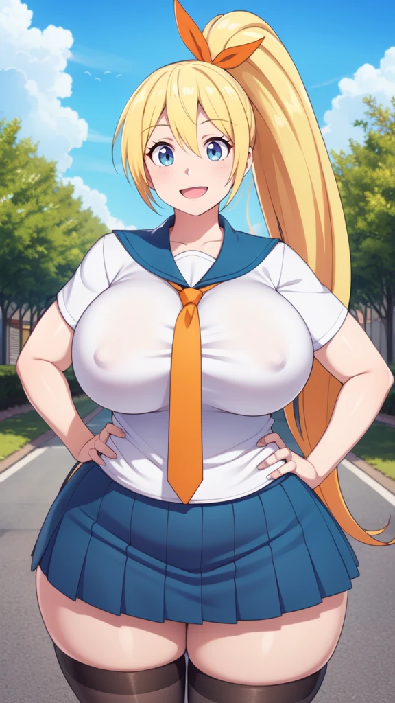 ((masterpiece)), (best quality: 1.7), (detailed: 1.4), (high resolution: 1.4), 8k, (colorful: 1.5), high resolution, sharp image, 4k, hd, (beautiful detailed background: 1.2 ), (beautiful lighting: 1.2), (highly detailed: 1.2), perfect lighting, (8k wallpaper: 1.2), (highly detailed: 1.2), (extremely detailed CG :1.2), 2d, ((1girl)), alone , chitoge, blonde hair, ((long hair)), ponytail, (high ponytail), blue eyes, (blush), happy happy, white shirt, ((orange tie)), blue skirt, pleated skirt, black thigh highs, sailor collar, ((red ribbon)), hair band, school, (sakura trees), (leaves), (trees), sky, (blue sky), clouds, ((street)), ((standing)), ( ( hands on hips)), ((huge breasts)), (very curvy body), (((day))) , (((bright eyes))), ((huge, wide, fat hips))