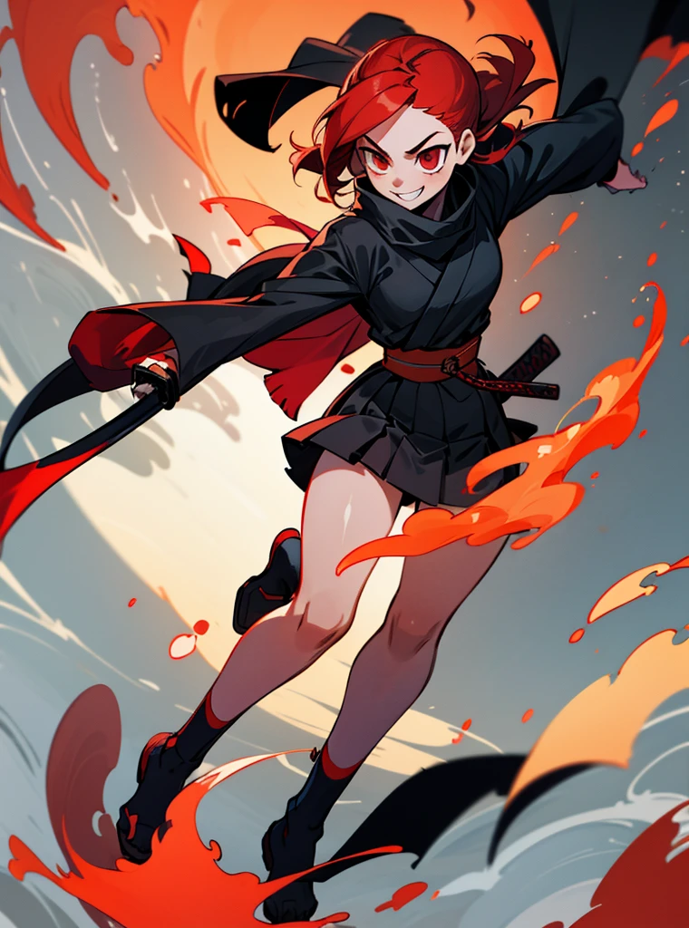 A girl with red hair and short red eyes with a face like happy if her clothes were a ninja, She wears a short black chor and a mid-length skirt showing legs and wears a spinning scarf and uses a katana covered in fire., full body destruction wallpaper.