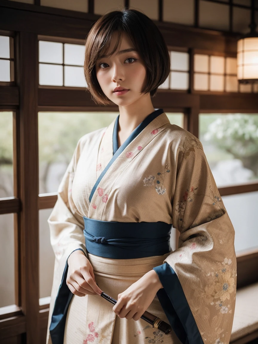 Top Quality, Masterpiece, High Definition, 1girl, Beautiful and Perfect Face, Bob Cut, Japanese Clothing,Kimono, Intricate Details, Cinematic Feel, 8K, Very Detailed  