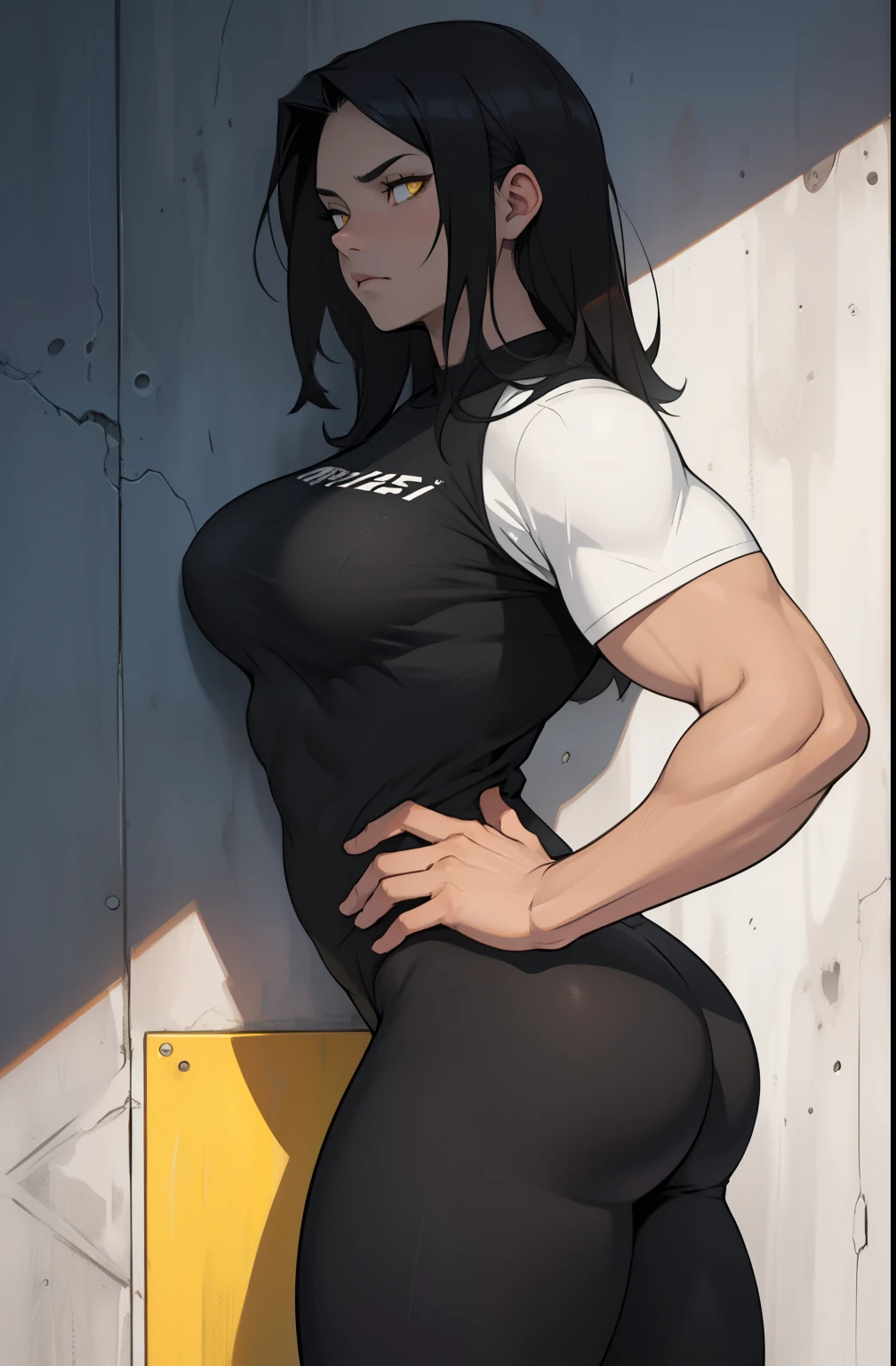 1girl muscular pale skin black hair yellow eyes black against wall  sad expressionless tight shirt leggings thick thick thick thick muscular muscular muscular muscular muscular girl dark atmosphere sad expressionless