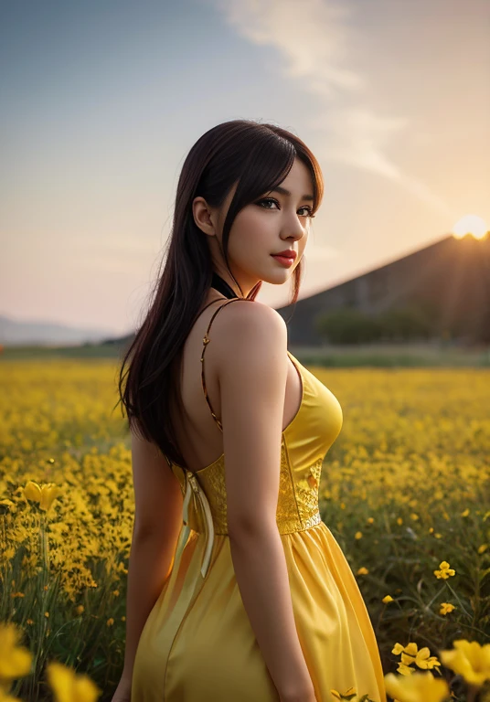 a woman in a yellow dress standing in a field of flowers, High quality 8K detailed art, beautiful and seductive anime woman, 4k detail fantasy, very detailed anime, seductive portrait of tifa lockhart, alena aenami and germ of art, Beautiful lady, germ of art ; Motor irreal 3D, hyperrealistic fantasy art, extremely detailed goddess shot