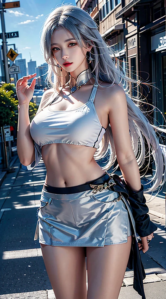 photorealistic, high resolution, soft light, 1women, solo, hips up, dynamic pose, shining skin, jewelry, tattoo, street wear, t-shirt, skirt