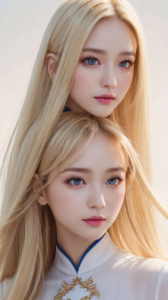 (((White background、shoot from above、China dress、Ao Dai、See-through、forehead、White Blonde、Blonde、White Background、Cowboy Shot、amount)))、amount、Northern Europe、Russia、beautiful girl、Platinum Blonde Hair、Straight Long Hair、Big Blue Eyes、Northern Europeの若者、Glowing Skin、Young and beautiful skin、A perfect and beautiful little face、Bright makeup、Pale pink lips、Bright expression、lipstick、Golden Hour Lighting、Movie Light、Intricate details、High resolution、 Detailed features of face design、Big Breasts