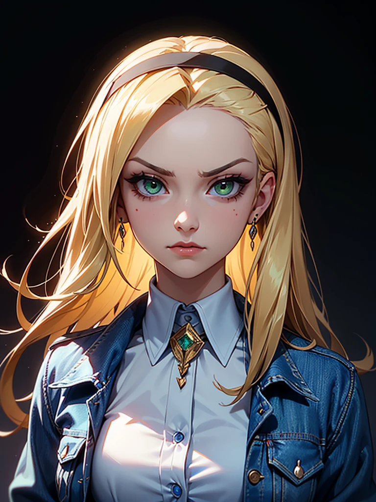 ((Portrait, Childish)), She has a Pretty  Appearance, with Light Blonde Hair, Fair Skin and a Small Build. She has Striking Emerald Eyes, Expresses a Serious and Defiant Look, Giving Off a Proud and Regal Aura. Her Hair is Long and Straight, Falling Softly Down Her Back, with Strands Separated by a Hairband, Revealing Her Forehead. She is Wearing a White Shirt under a Denim Jacket. ((Portrait, HDR, Dark Background))