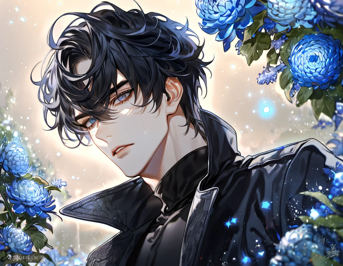 absurdres, highres, ultra detailed, HDR, master piece, best quality, extremely detailed, Yoo Joonghyuk, black hair, expressive gray eyes, Omniscient Reader's Viewpoint, solo, sexy man, handsome, black coat, black tight turtleneck shirt, fantasy, water, sparkling, blue glittering fireflies, blue moon, blue blossoms, blue chrysanthemums, blue sparkling lights, starry sky