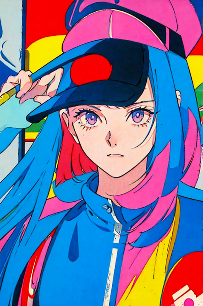 Woman in baseball cap,He is holding up a cigarette and smoking.。, Anime atmosphere of the 80s, 90s anime style, 90s anime style, 80s anime style, In 80s anime art style, 90s anime art style, Anime atmosphere, 80s anime art style, 1980's anime style,Neon Light,smoke