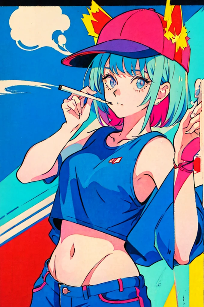 Woman in baseball cap,He is holding up a cigarette and smoking.。, Anime atmosphere of the 80s, 90s anime style, 90s anime style, 80s anime style, In 80s anime art style, 90s anime art style, Anime atmosphere, 80s anime art style, 1980's anime style,Neon Light,smoke