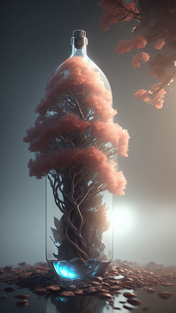 dreamlikeart tree in a bottle, fluffy, realistic, photo, canon, dreamlike, art, colorfull leaves and branches with flowers on top of its head. hyperdetailed photorealism by greg rutkowski - h 1024 w 804 | f 1 6 lens mark 2:2 s 3555 mm film grain :1 lifelike high res sharp focus contrast!! intricate detailed atmospheric light refraction lighting unreal engine 5 cinematic concept photography masterpiece octane render trending at cgsociety rendered as