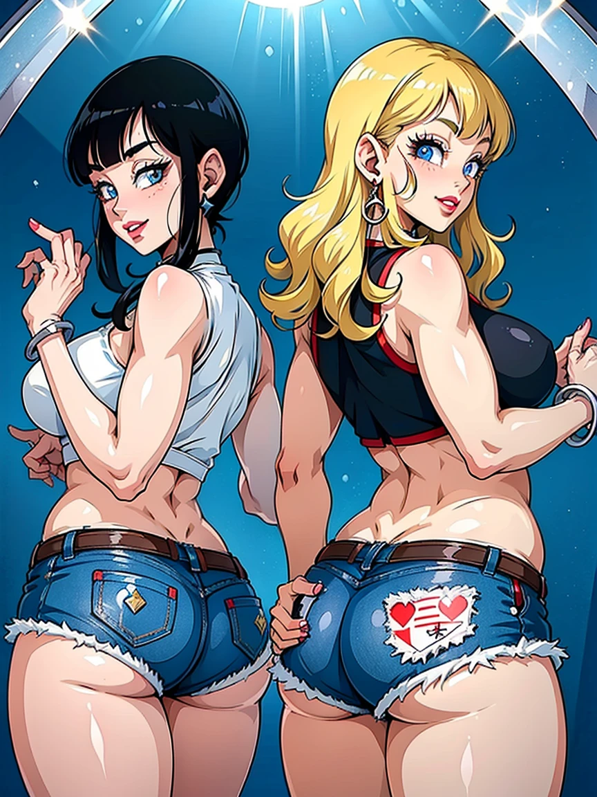 trans Male to female, plump pursed lips, freckles, long curly ginger hair with bangs, crystal blue eyes with smoky eye shadow and black eyeliner, black semi-matte lipstick, pale to showing ass, flirty smug smile, denim shorts, spreading wide