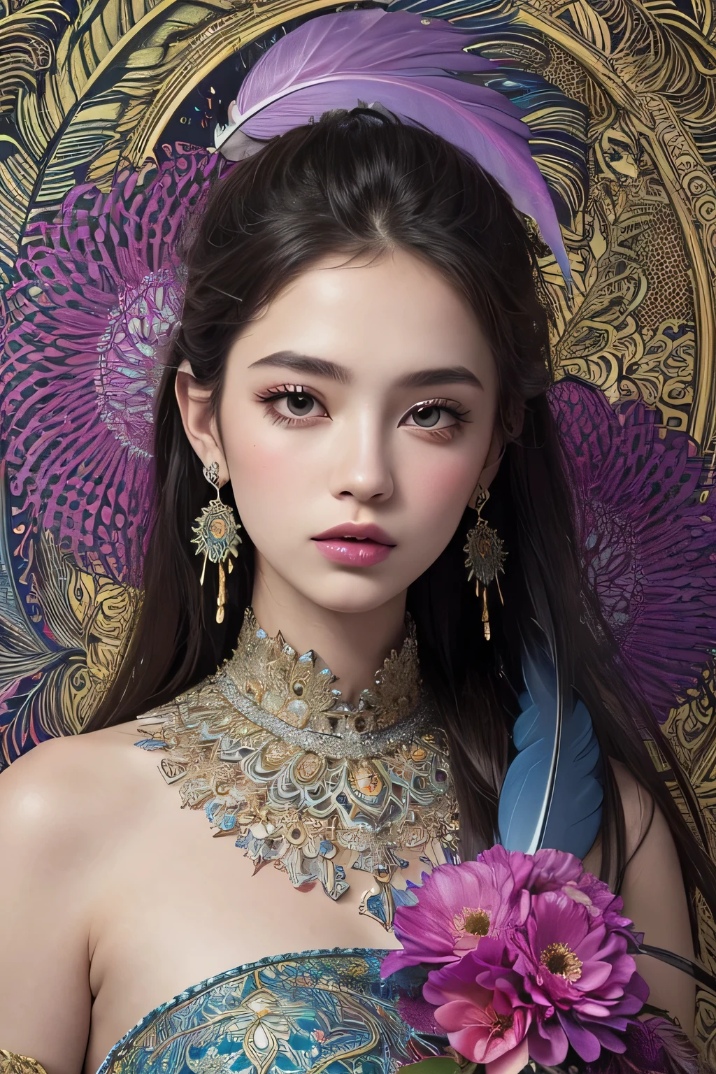 (masterpiece, highest quality, highest quality, official art, beautiful and aesthetic:1.2), (1 girl:1.3), very detailed,(fractal art:1.1),(colorful:1.1)(flowers:1.3),most detailed,(zentangle:1.2), whole body, (abstract background:1.3), (shiny skin), (lots of colors:1.4), ,(earrings), (feather:1.5),