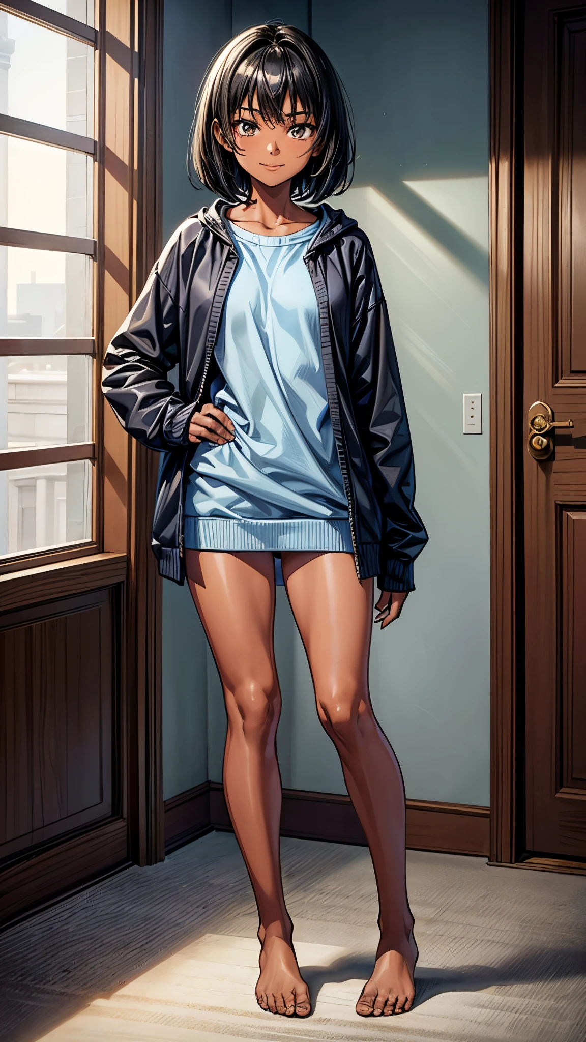 inside the room,((full body1.8)),One girl,(dark skin color),short black hair,smile,blue knit tops,long sleeve,midi length spandex,naked feet.