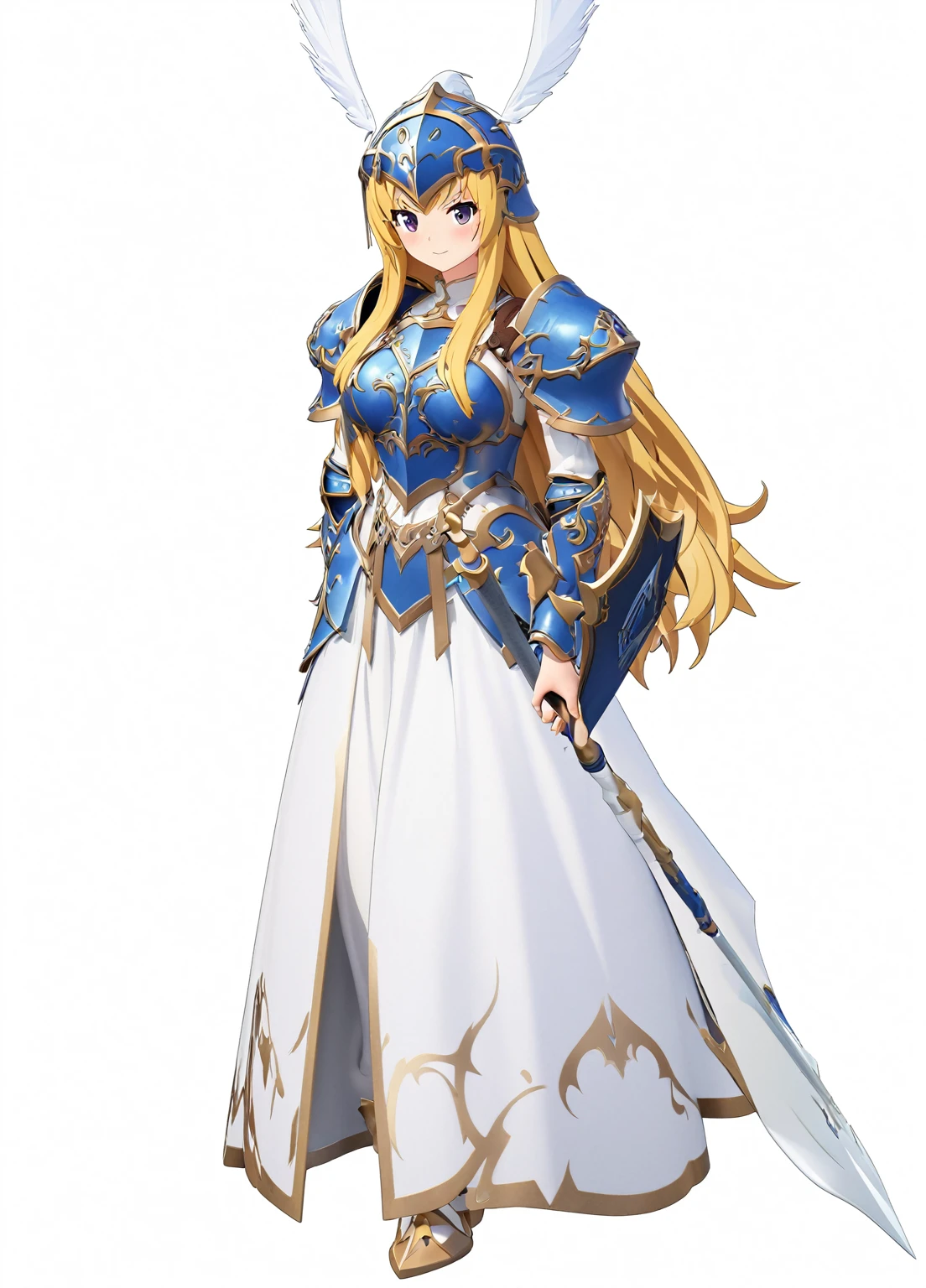Highest quality, high resolution, High quality game art style, whole body,Valkyrie,perfect hand,Official Art, Smooth game CG art,Cute 3D animated woman rendering, Visual Novel Sprites, White background,Smooth game CG art, (((Woman with a long spear))),A woman wearing a white dress and blue armor, An intricately designed helmet with white feathers,Small shield, (((In his right hand he holds an elaborate long spear))),Exquisite Blue Armor,Golden Hair, long hair, female knight, Rin々Shii,Large Bust,20-year-old,