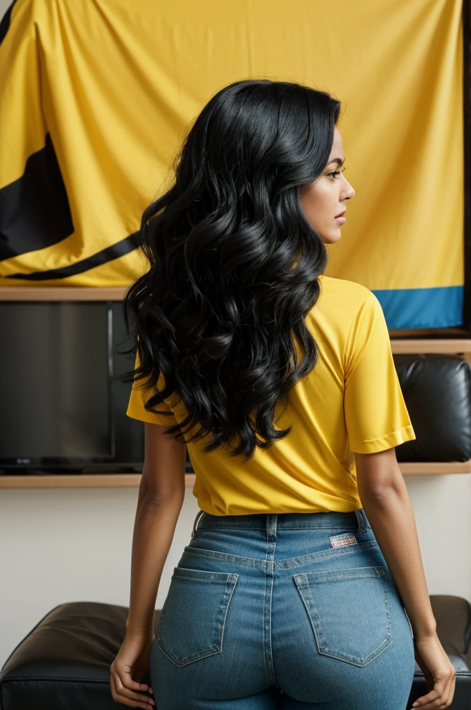 image of woman with black hair in waves, from behind watching football with the yellow shirt of the Colombian national team number 10 name of the shirt MAY 